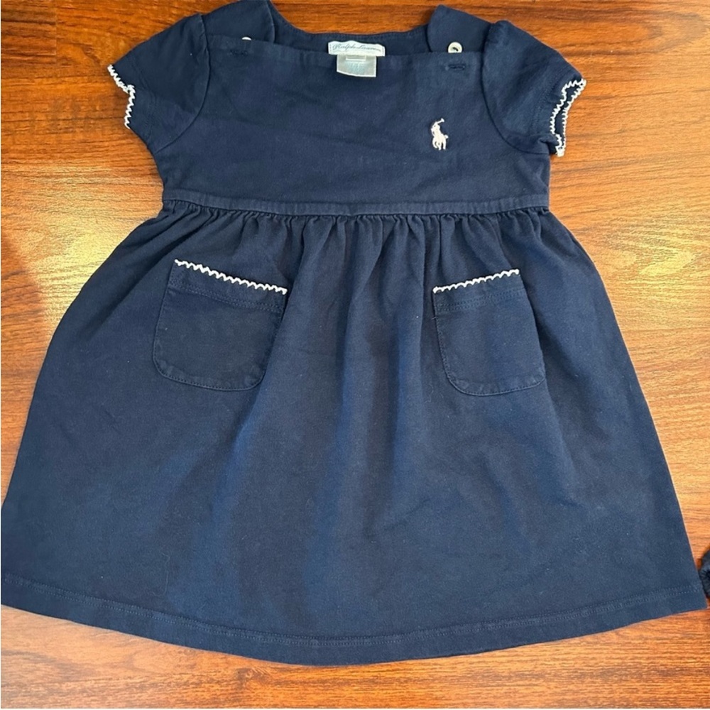Ralph Lauren Baby Girls Navy Cotton Dress Pockets Details Sz 12M With Bloomer.